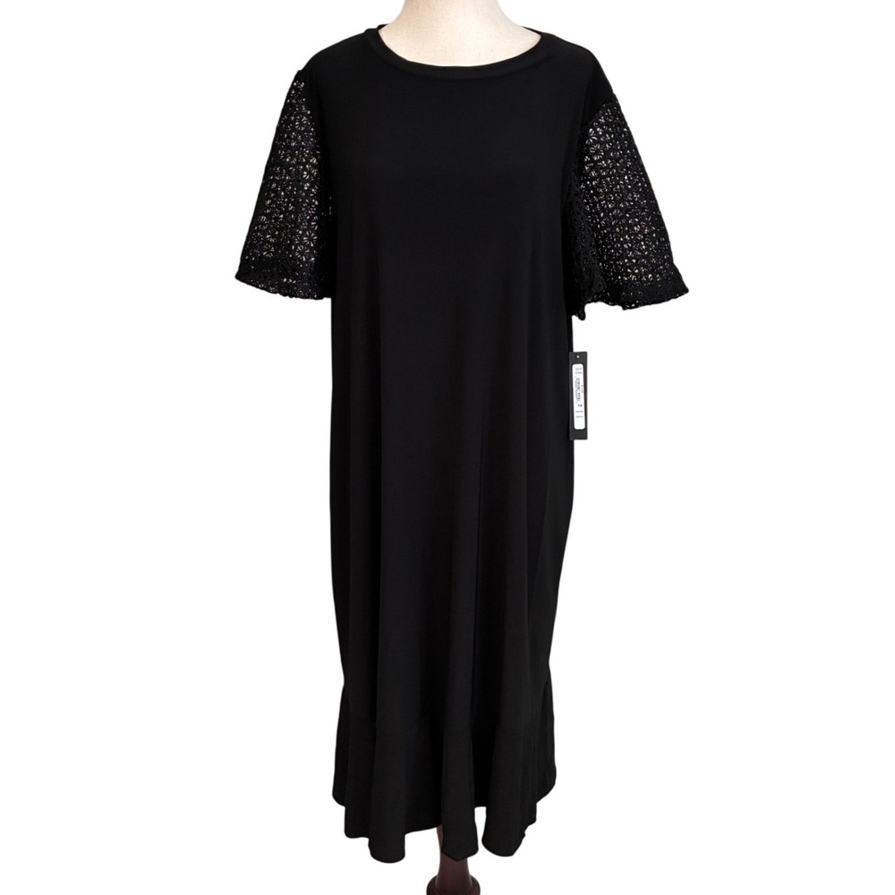 Tahari Solid Black Stretch Body Elegant Lace Sleeve Plus size dress 1X -‎ NWT